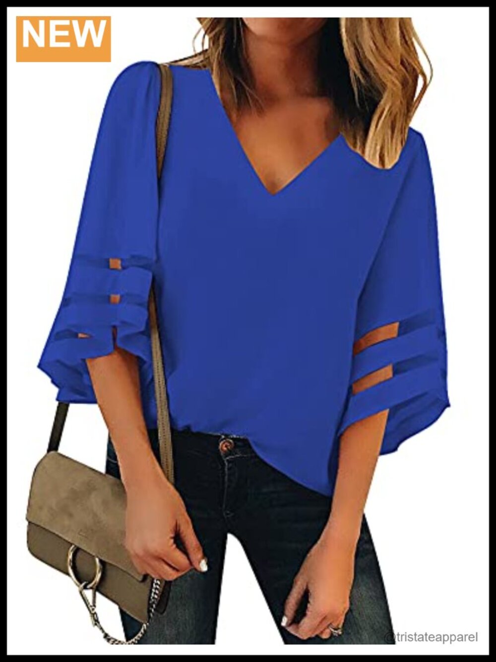 Women's Casual V Neck Blouse 3/4 Bell Sleeve Mesh Panel Shirt Loose Top